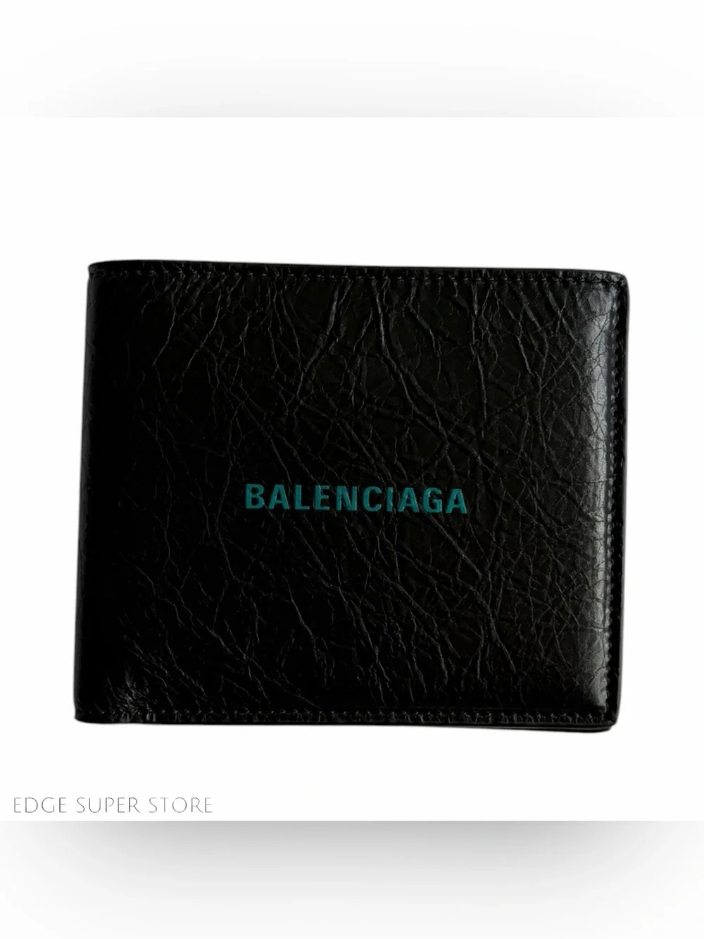 Balenciaga Black Leather Bifold Wallet Blue Logo Card Holder Made in Italy